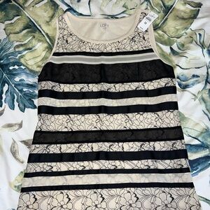 LOFT Black and Cream Floral Lace Tank Top